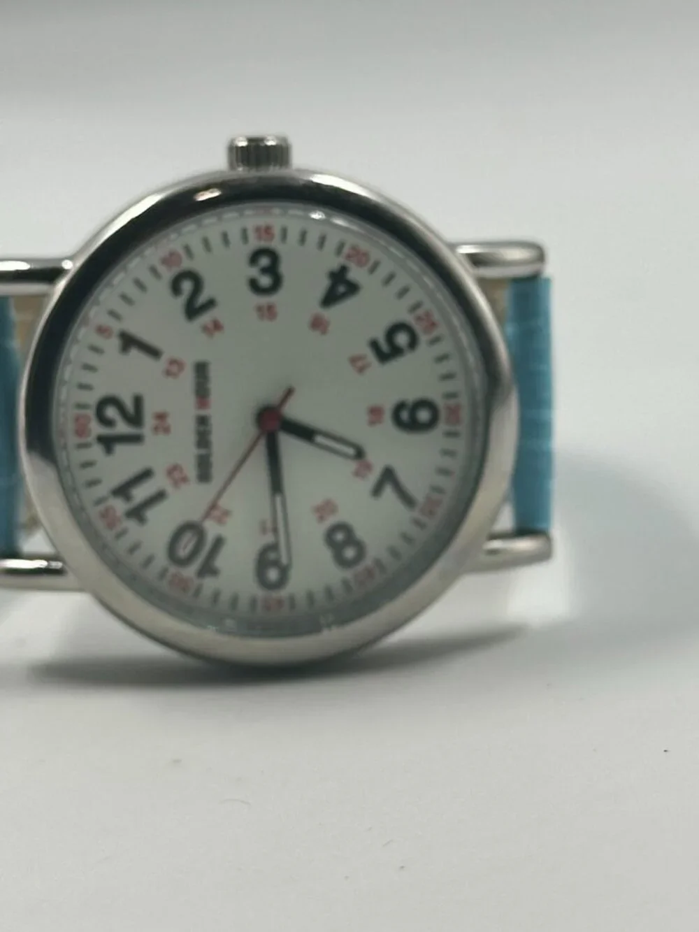 Golden Hour Watch Women Silver Tone Round Dial Blue Leather Band New Battery 9
